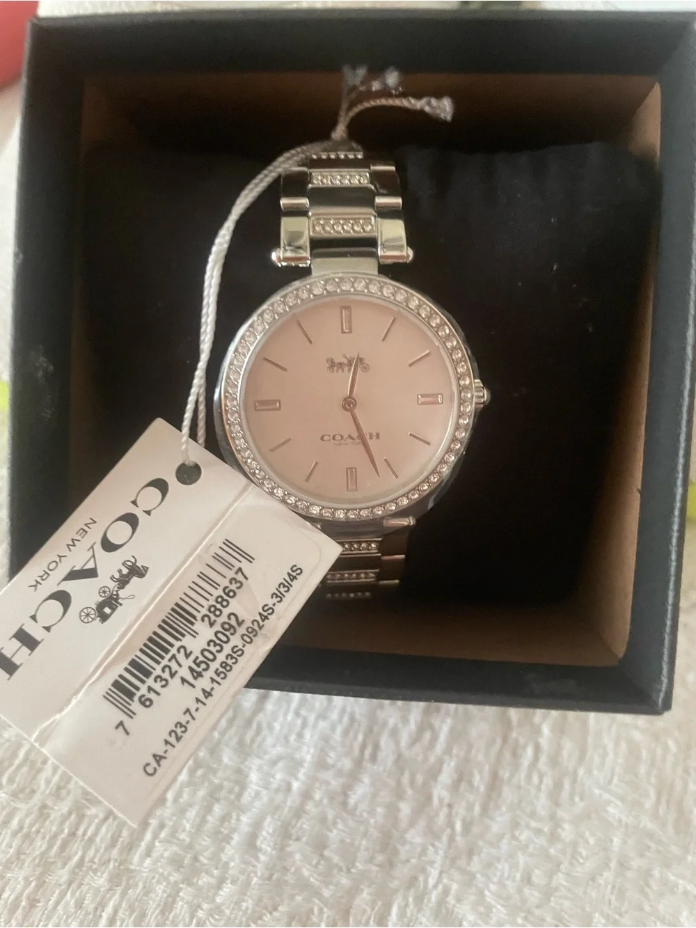 Coach Silver-Tone Bracelet Watch with Pink Dial and Crystal Bezel